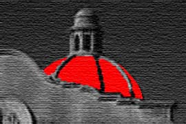 black and white churchs roof picture with dome in red